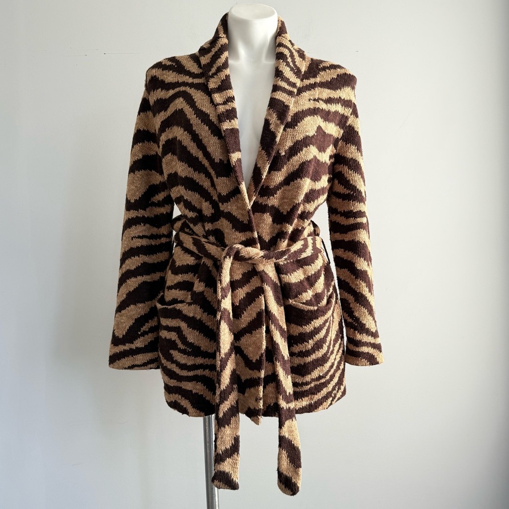 Lauren Ralph Lauren Zebra Print Linen Cotton Belt Cardigan Hand Knit Coatigan M - Picture 4 of 16